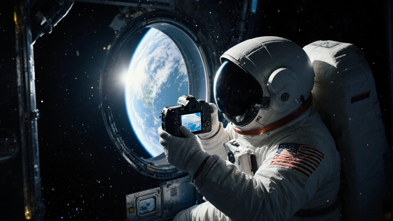 Astronaut schwebt im ISS‑Innenraum und fotografiert die Erde mit einer Nikon D5600.