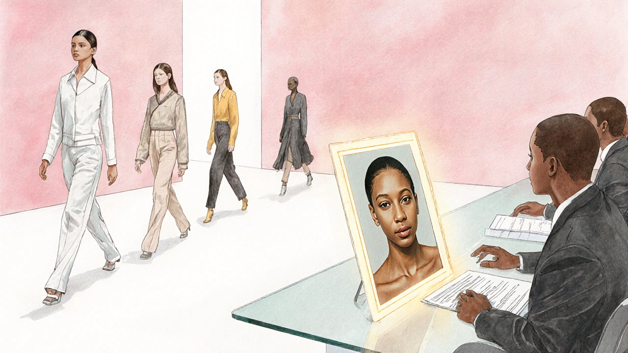 Balenciaga‑Runway bei Paris Fashion Week, Review‑Board diskutiert ethische Bildauswahl im Hintergrund.