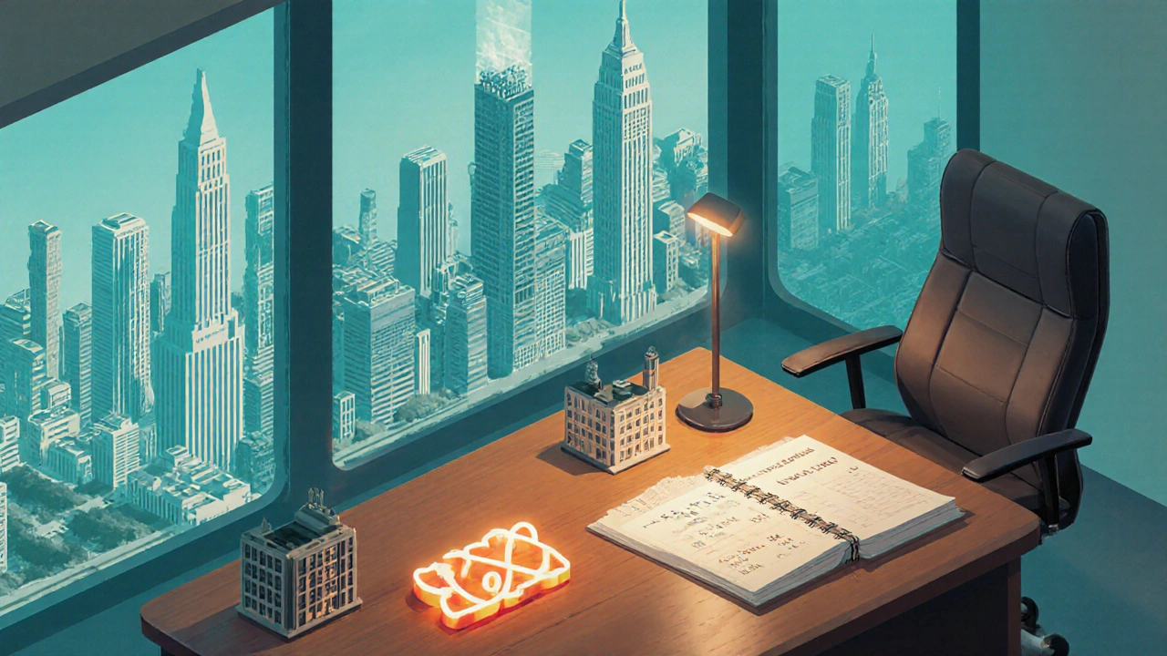 Büro mit Inditex‑Logo, Immobilienmodellen und Skyline‑Silhouetten von Madrid, London und New York.