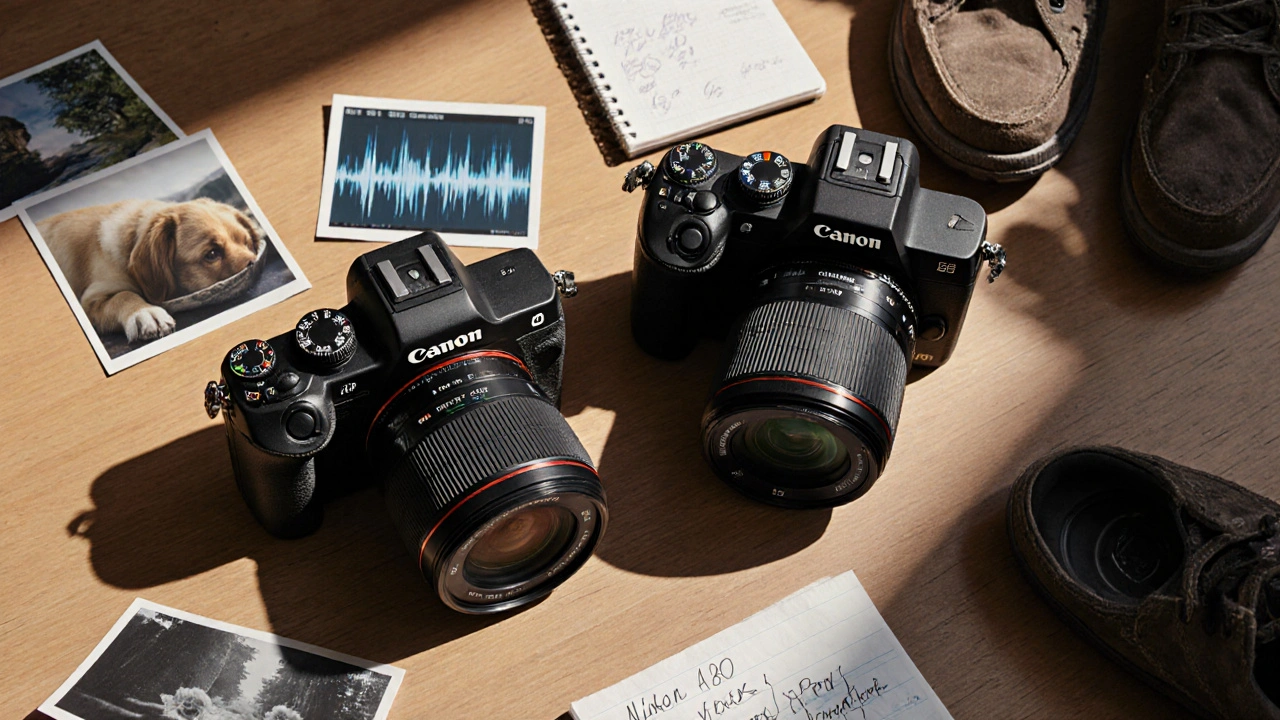 Canon R50 und Nikon Z30 neben einem 50mm-Objektiv auf Holztisch, mit Fotos und Notizen als Symbol für Wahl.