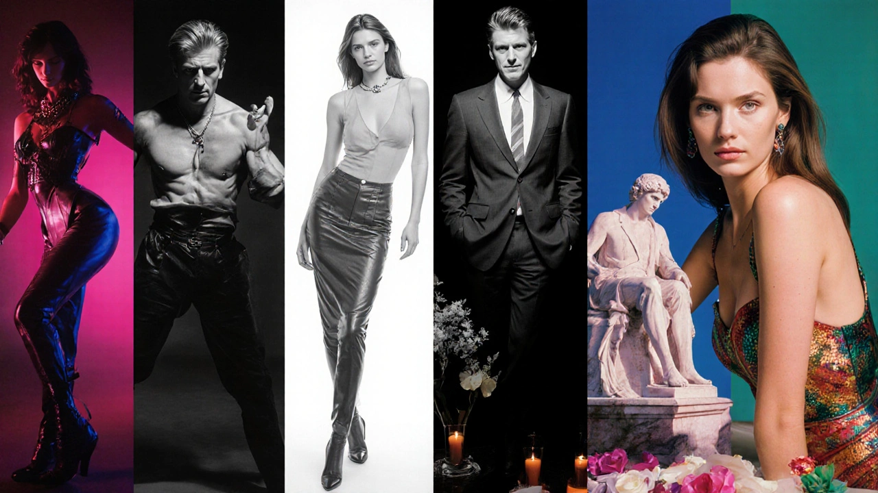 Collage mit Cindy Crawford in fünf Stilen: Newton, Avedon, Lindbergh, Leibovitz, Ritts.