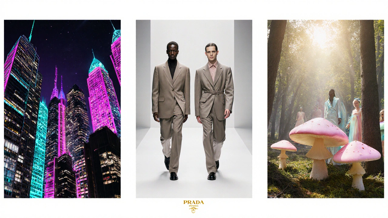 Drei Panels: Mert &amp; Marcus mit Neon‑Stadt, Collier Schorr gender‑fluid, Tim Walker Märchenwald.