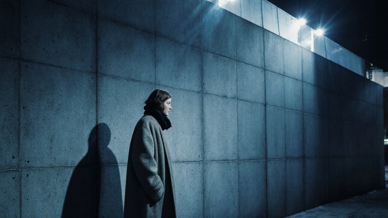 Einzelperson in Zara-Mantel vor einer kühlen, urbanen Betonfassade in Berlin, kontrastreiche Beleuchtung.