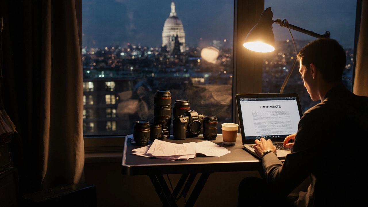 Fotograf arbeitet backstage in London, umgeben von Laptop, Kaffee, Ausrüstung und Stadtblick.