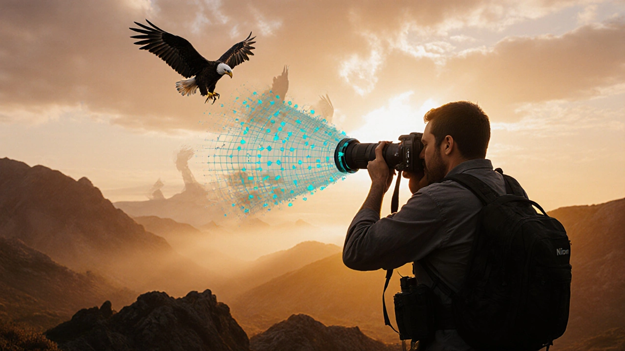 Fotograf fängt mit der D850 einen fliegenden Adler bei Sonnenaufgang ein.