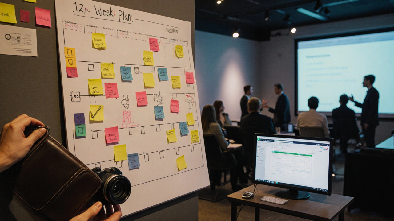 Fotograf plant 12‑Wochen‑Strategie, arbeitet an Portfolio, besucht Netzwerk‑Event und erstellt Online‑Kurs.