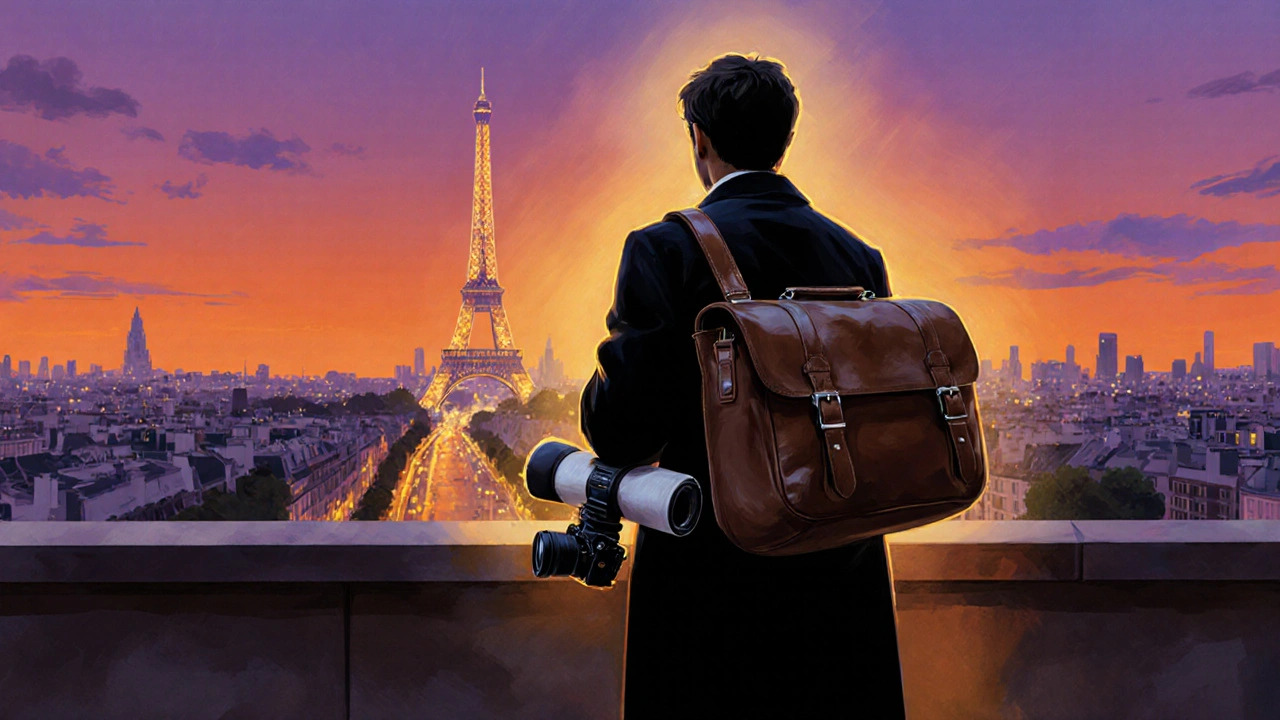 Fotograf steht auf Pariser Balkon im Abendlicht, trägt Kamera‑Tasche und Portfolio.