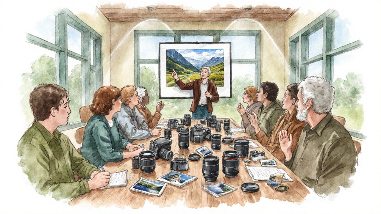 Fotografie‑Meet‑Up, Gruppe tauscht Ausrüstung und diskutiert Bilder.