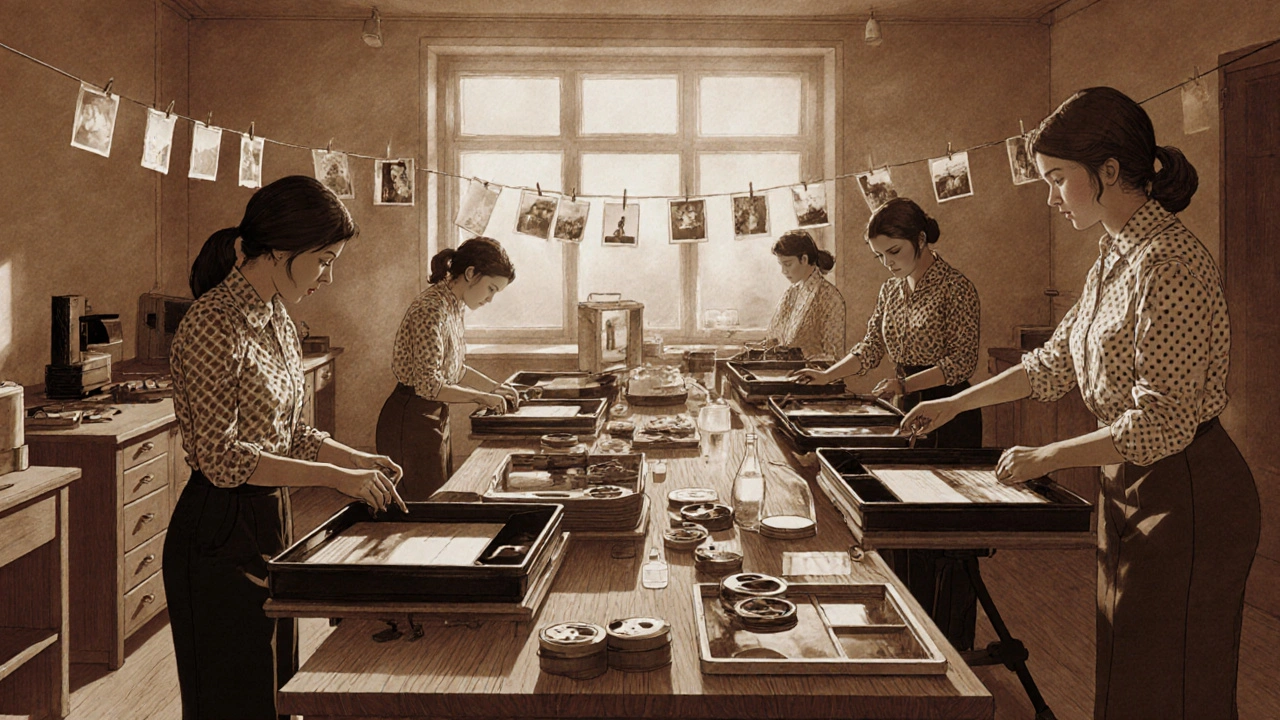 Frauen fotografieren 1970er‑Jahre in einem dunklen Labor.