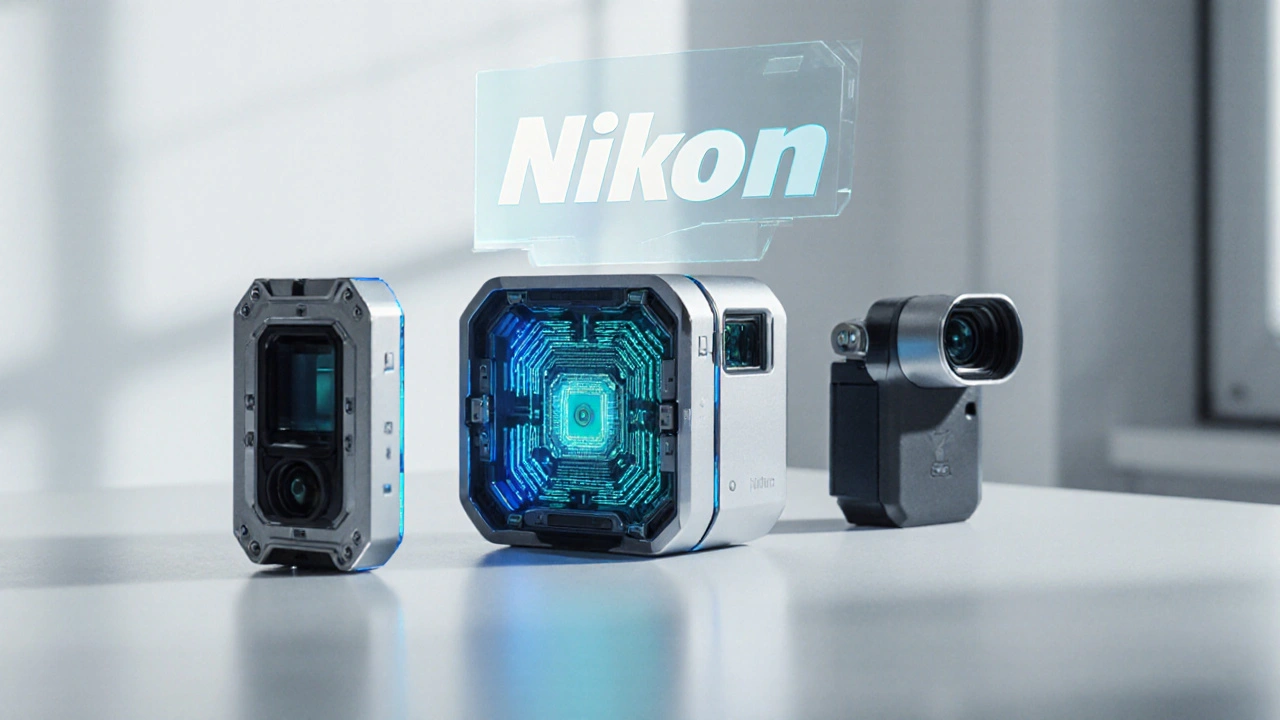 Futuristische modulare Nikon‑Kamera mit austauschbaren Sensor‑ und Display‑Modulen.