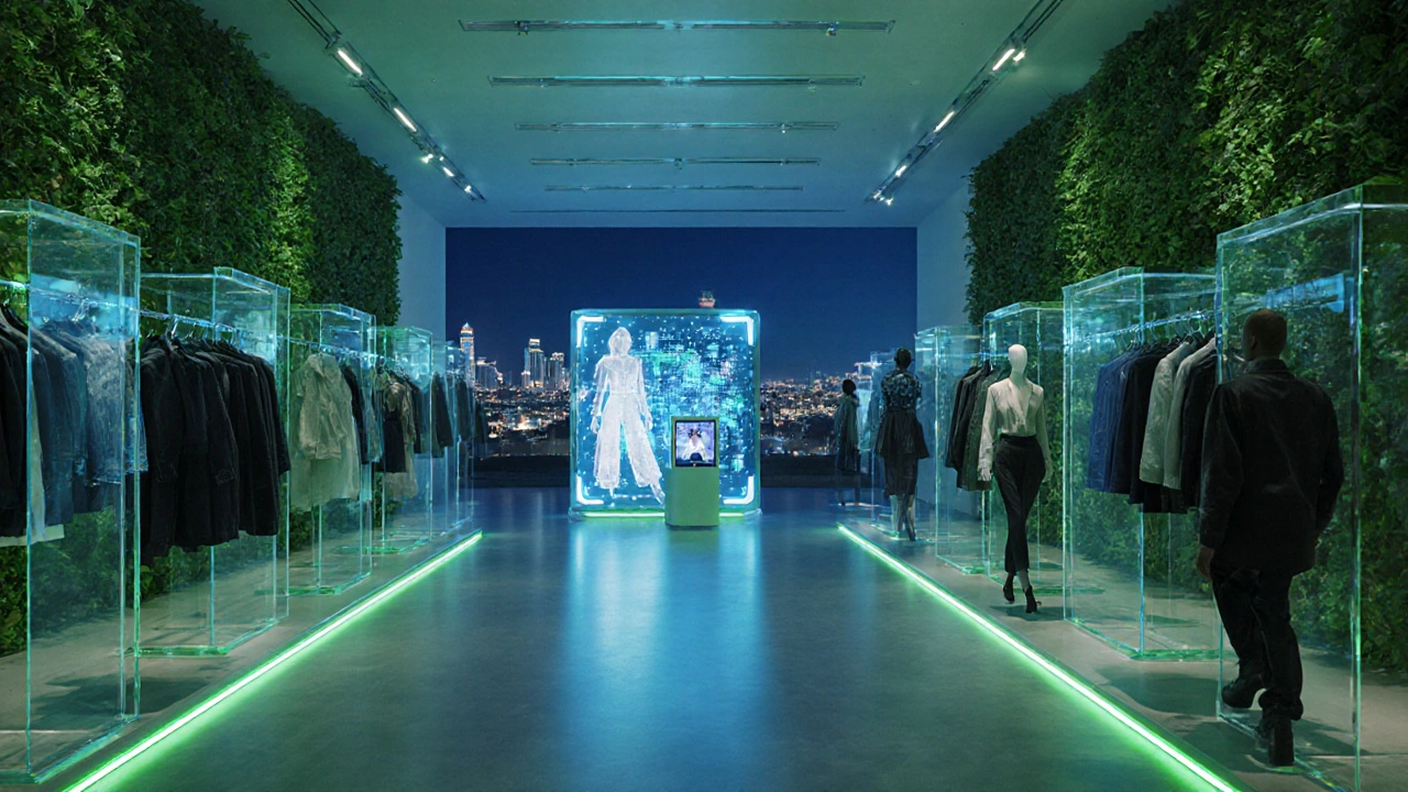Futuristischer Zara‑Store mit recycelten Regalen, KI‑Hologrammen und grünen Wänden.