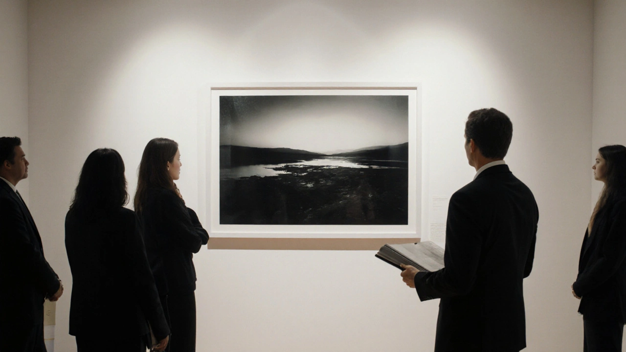 Galerie mit großem Schwarz‑Weiß‑Fotodruck, Besucher und Kurator im Hintergrund.