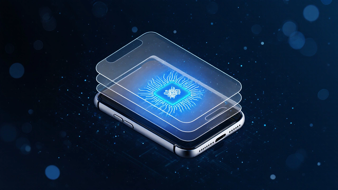 Illustration der iPhone‑Bildverarbeitung mit überlappenden Belichtungen und Neural‑Engine.