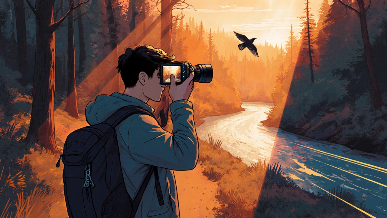 Junger Reisefotograf nutzt eine spiegellose Kamera mit Live‑View im Wald bei Sonnenuntergang.