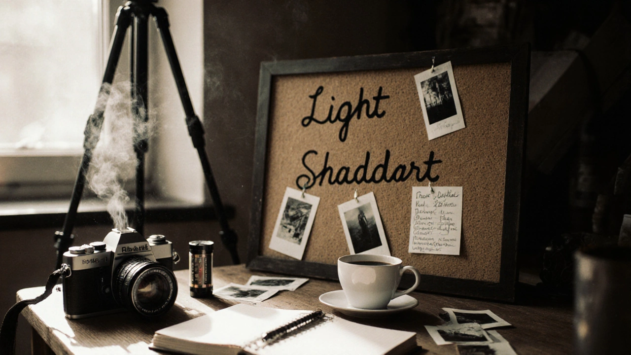 Kreativer Arbeitsplatz, Moodboard für Projekt, Filmkamera und ausgedruckte Fotos.