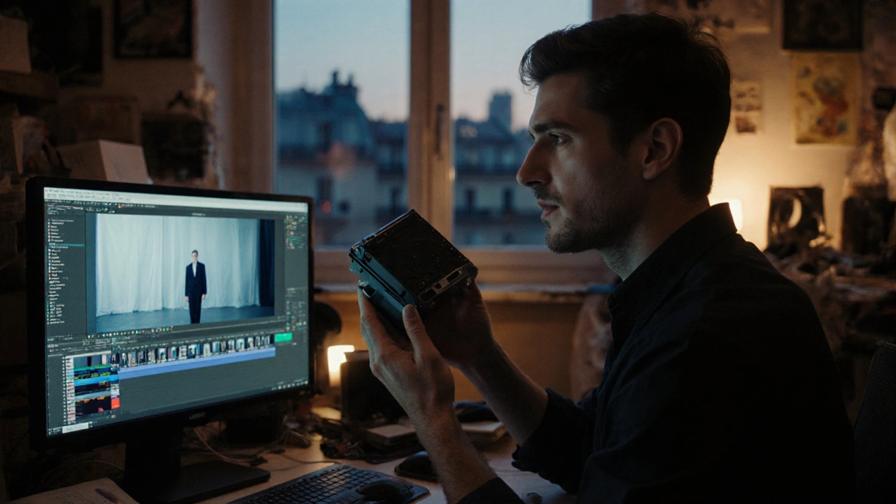 Luca Stankiewicz prüft RAW‑Dateien auf Laptop, externe Festplatte liegt neben ihm im Berliner Studio.