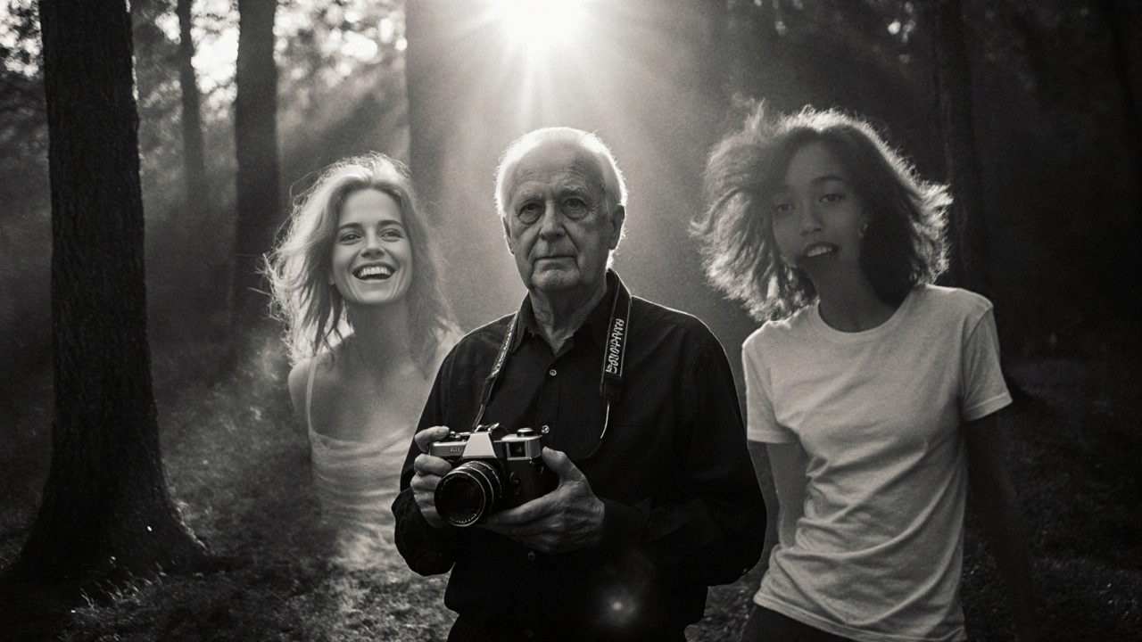 Mike Messer im Wald, halb versteckt von schwebenden Bildern seiner früheren Modelle, in Schwarzweiß.