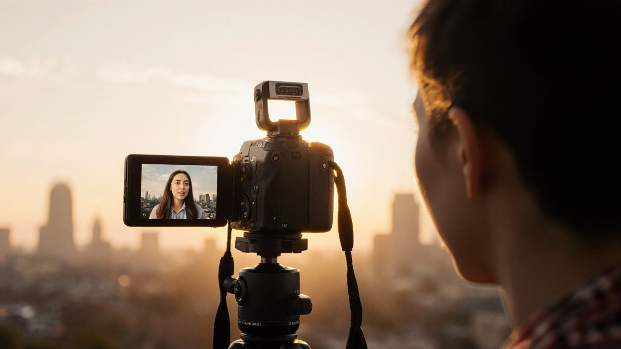 Nikon Z30 filmt eine Person bei Sonnenuntergang mit externem Mikrofon und umklappbarem Bildschirm.