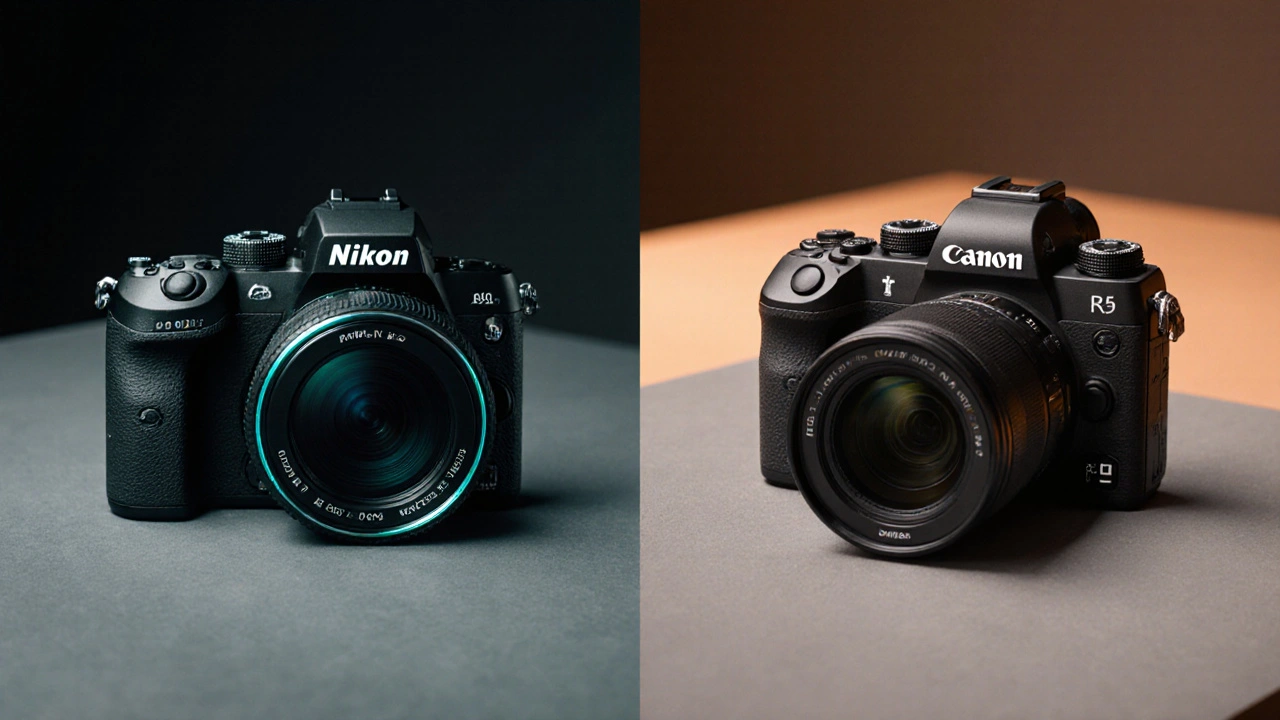 Nikon Z9 und Canon EOS R5 nebeneinander im Studio, beleuchtet.