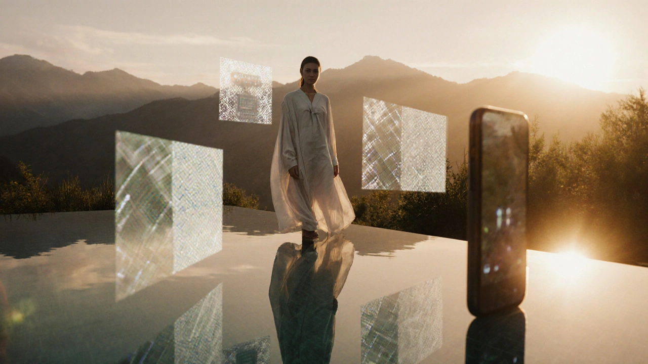 Outdoor‑Szene mit Model, nachhaltiger Kleidung, AR‑Hologrammen bei Sonnenuntergang.