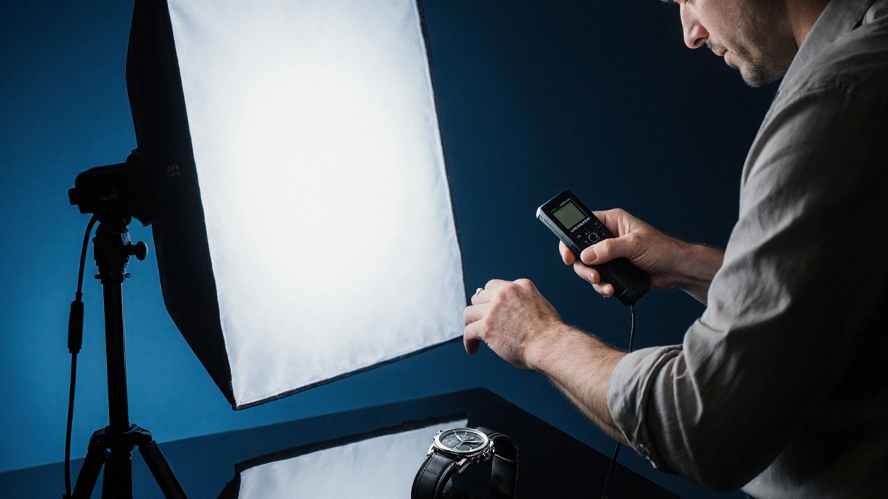 Produktfotograf beleuchtet elegante Uhr im Studio mit Softbox.