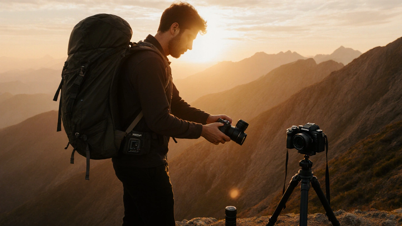 Reisefotograf wählt zwischen leichter spiegelloser Kamera, Kompaktkamera und DSLR bei Sonnenuntergang.