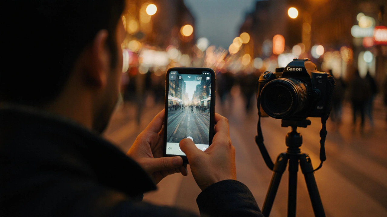 Reisender nimmt mit iPhone ein Bild auf, während ein DSLR‑Kamera‑Stativ im Hintergrund steht.
