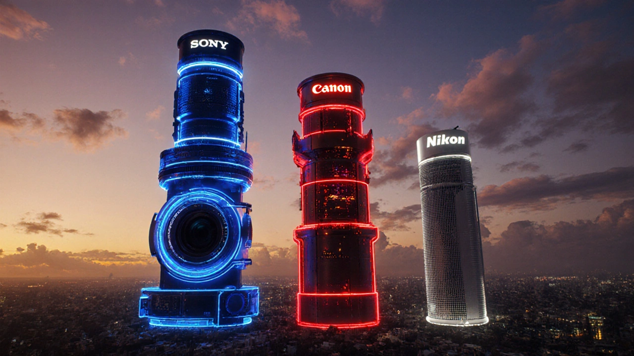 Stadtbild mit drei Kameratürmen, die Sony, Canon und Nikon symbolisieren.