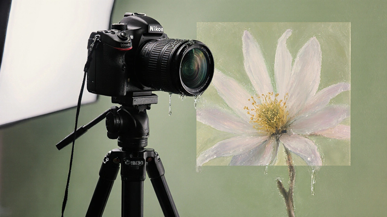 Studioaufnahme: D850 und Makroobjektiv fotografieren eine Blume mit Pixel‑Shift.