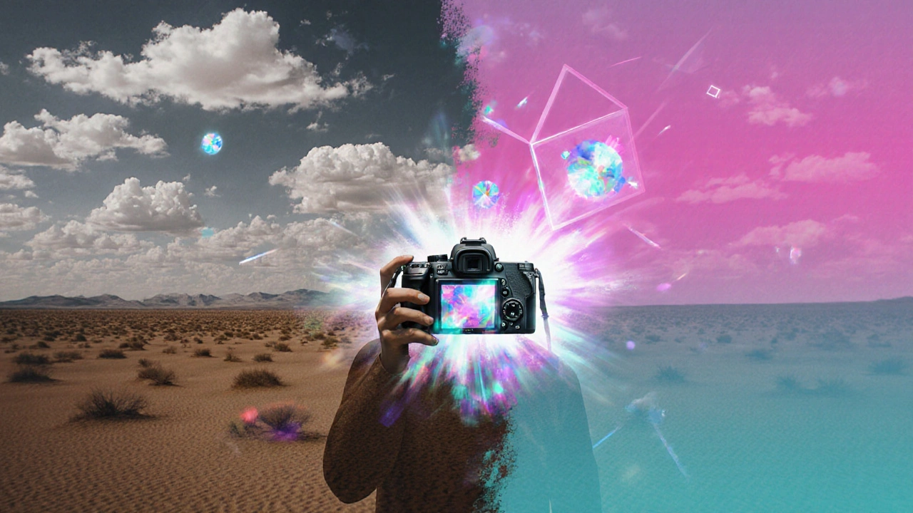 Surrealer Fotocollage‑Entwurf: Wüstenlandschaft, Pinselstriche und leuchtende Formen.