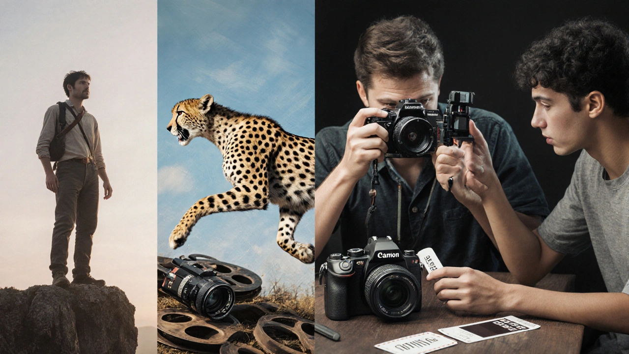 Vier Fotografen‑Typen: Reisender, Sport‑, Klassiker‑ und Budget‑Fotograf mit passenden Kameras.