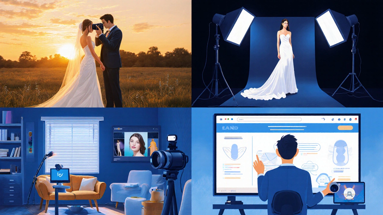 Vier Szenen: Hochzeit, Werbekampagne, Stock‑Upload, Online‑Kurs, die Einnahmequellen eines Fotografen.