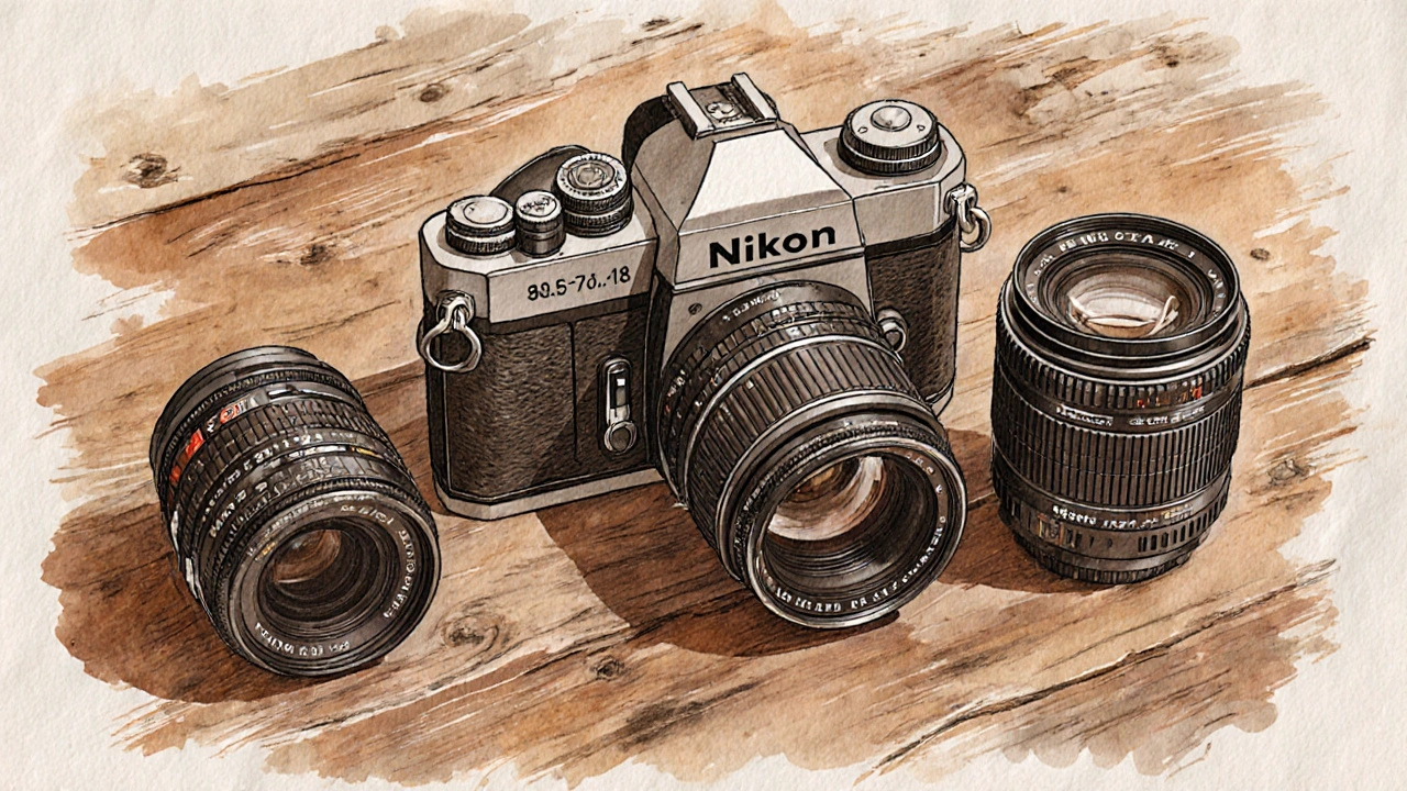 Vintage‑Nikon‑Objektive und F‑Mount‑Linsen auf einem Holztisch, historischer Look.