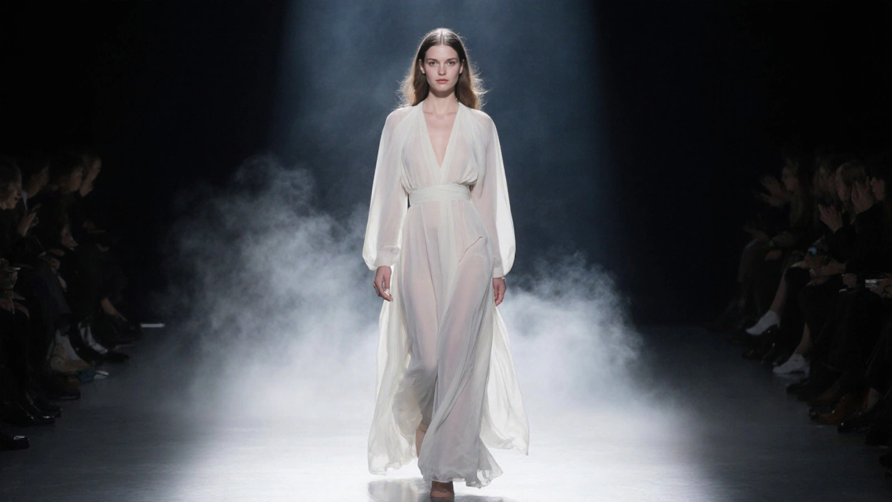 Vittoria Ceretti läuft auf dem Dior-Laufsteg in einem weißen Chiffon-Kleid, sanftes Licht betont ihre Silhouette.