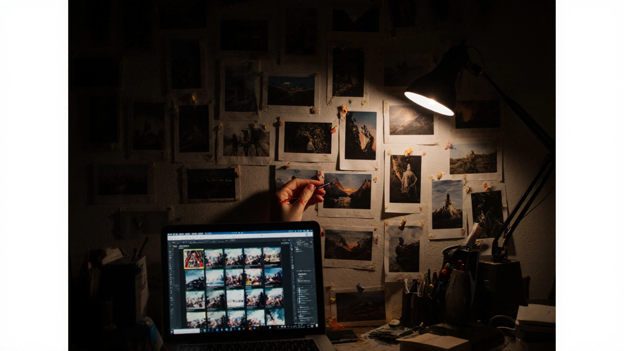 Wand voller gedruckter Fotos mit roten Zirkeln und einem Laptop in der Nacht.