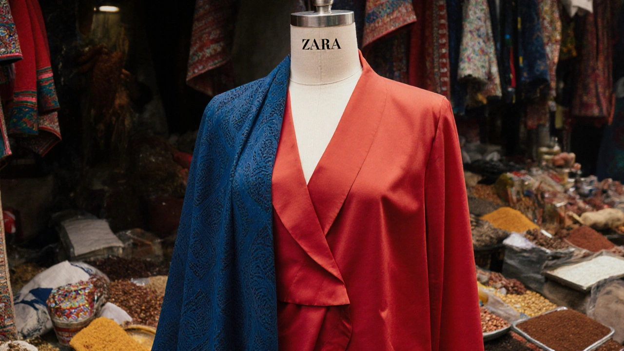 Zara-Kleidungsstück in einem lebendigen Markt mit kulturellen Elementen aus Lagos und Seoul, farbenfroh und authentisch.