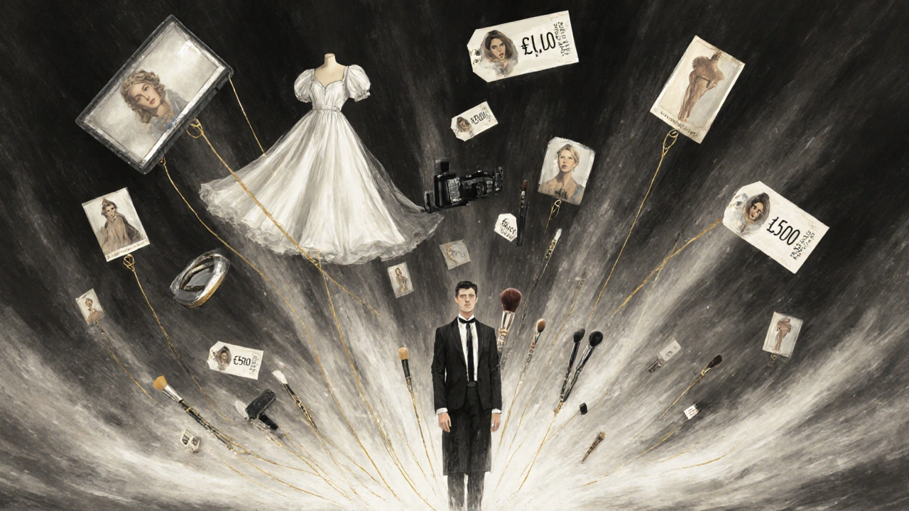 A fashion photographer is surrounded by floating elements representing the cost, team, and artistry behind a single image.