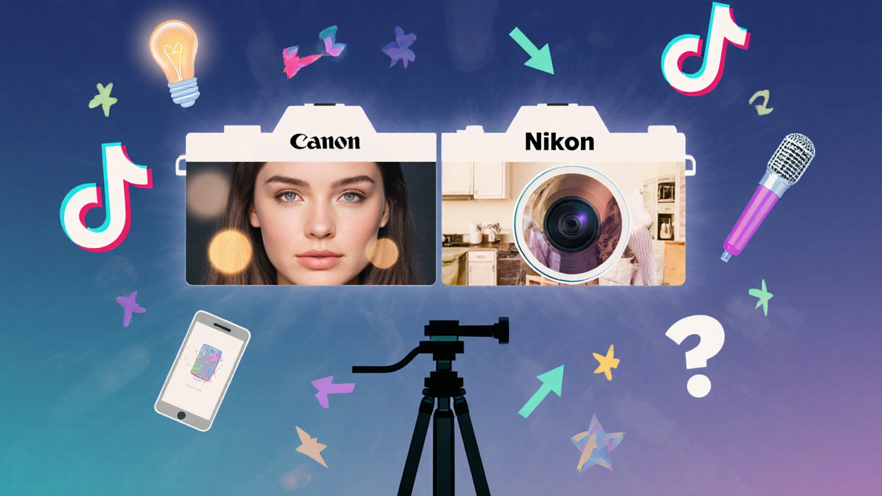 Abstrakte Darstellung von Canon und Nikon als Symbole für Gesichter und Details neben Smartphone.