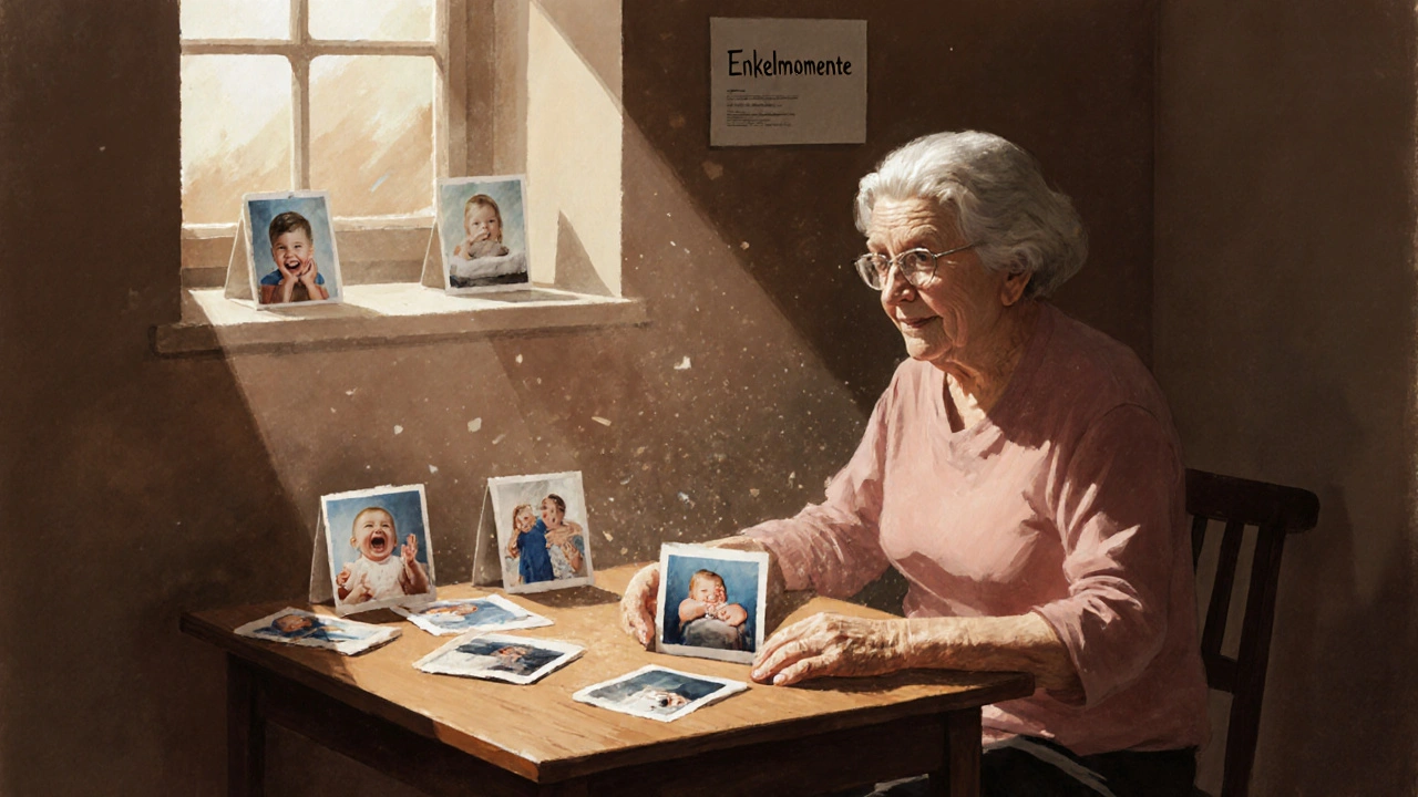 Ältere Frau mit Fotos ihrer Enkelkinder, zarte, echte Momente auf Drucken.