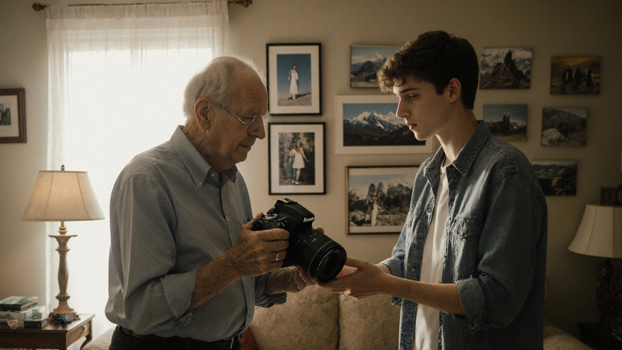 Älterer Fotograf gibt Nikon D850 an junge Person weiter, umgeben von Fotos aus 30 Jahren Leben