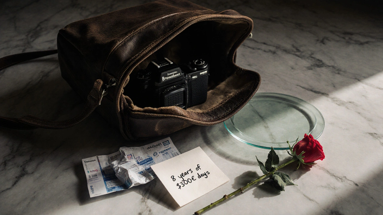 An open camera bag spills expensive gear and travel tickets beside a single rose, symbolizing years of dedication.