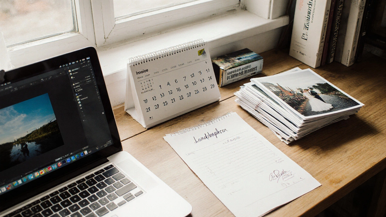 Arbeitsplatz eines Fotografen mit Drucken, Laptop und Kalender, gedämpftes Tageslicht.