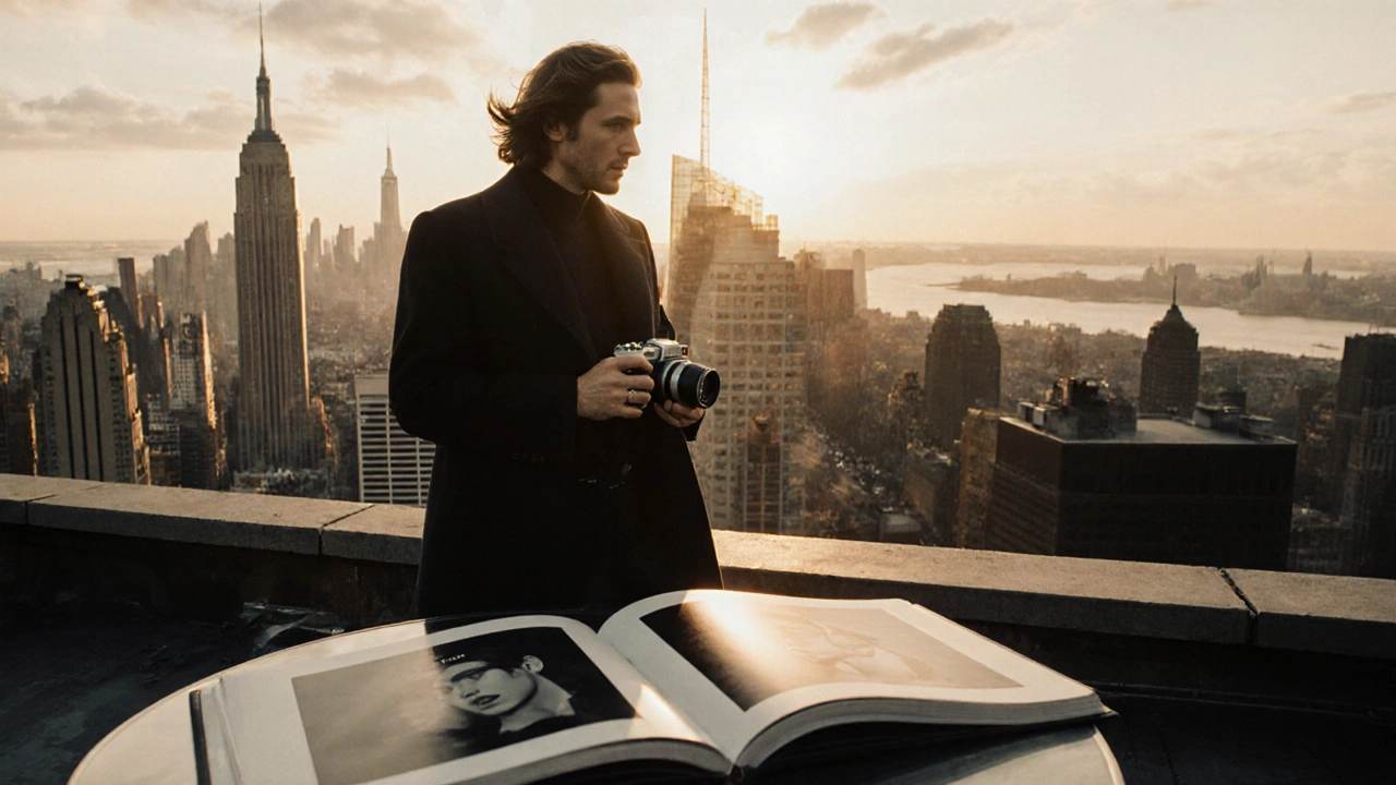 Bekannter Modefotograf auf einem Dachboden in New York, Blick auf die Stadt, Portfolio vor ihm.