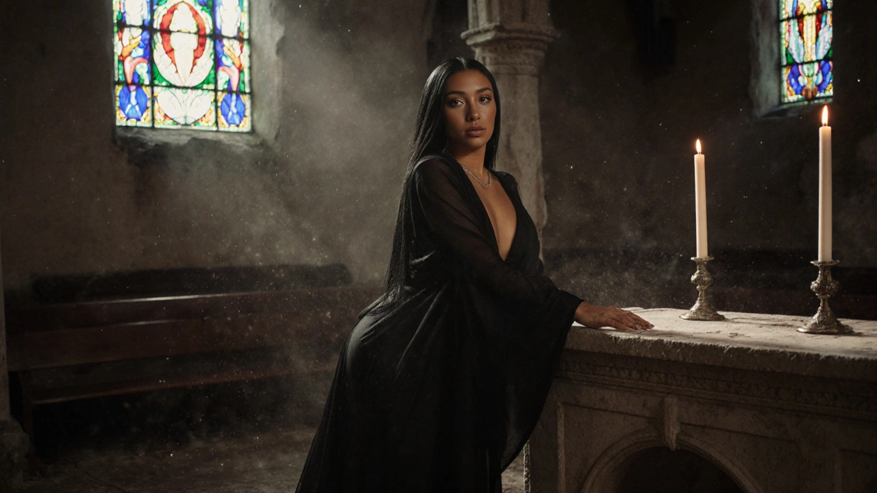 Cardi B in einer verlassenen Kirche, in schwarzer Robe, von Kerzenlicht erhellt, mystische, poetische Atmosphäre.