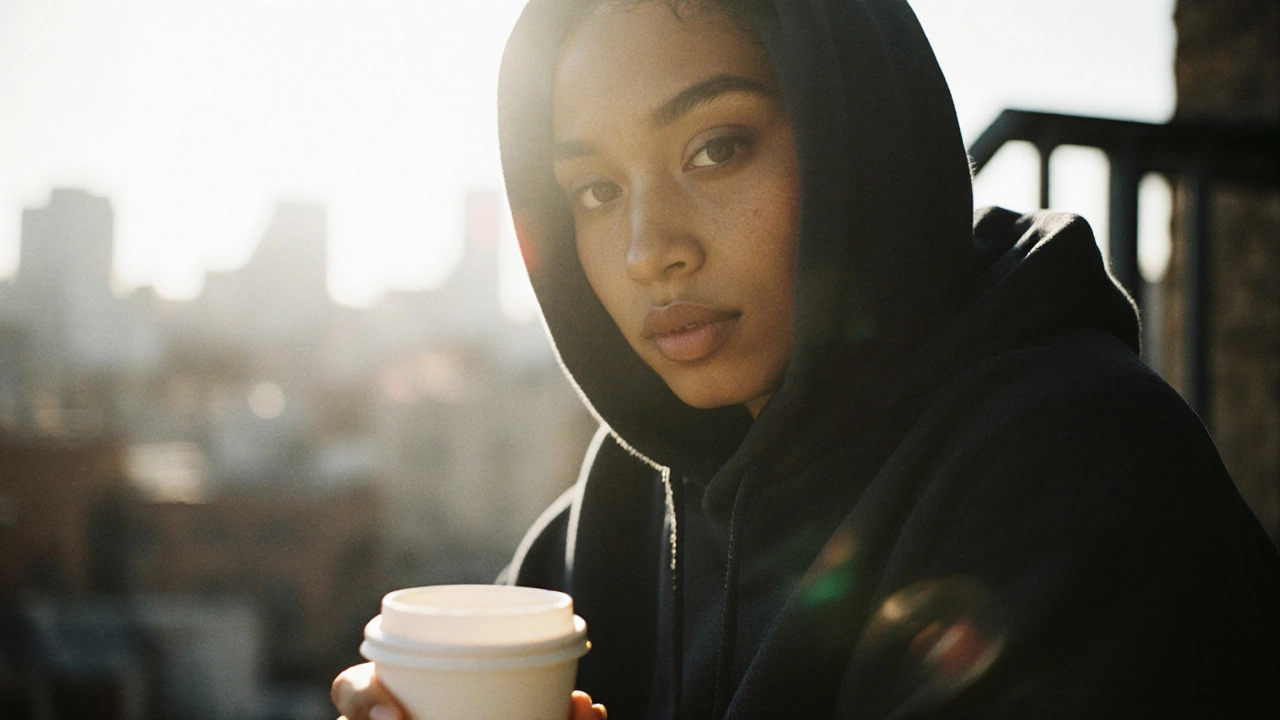 Cardi B sitzt auf einem Feuerleiter, in einfacher Kleidung und mit Kaffeebecher, natürliche Beleuchtung, städtischer Hintergrund.