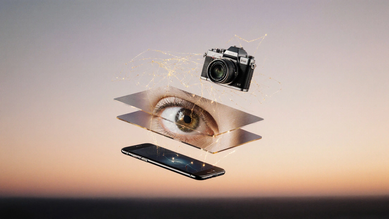 Drei digitale Geräte schweben in Lichtstrahlen, symbolisieren das Belichtungsdreieck der Fotografie.