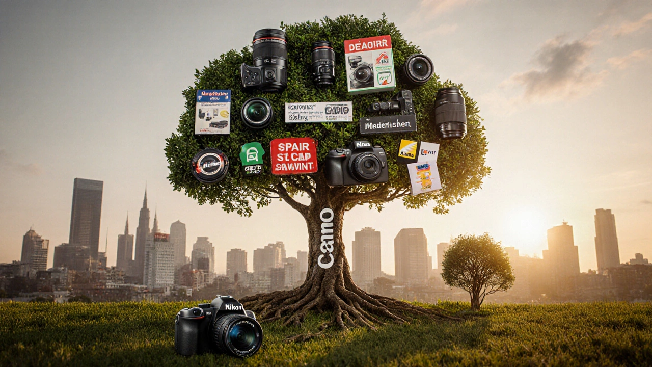 Ein Baum mit Canon-Objektiven wächst über eine Stadt, Nikon bleibt isoliert.