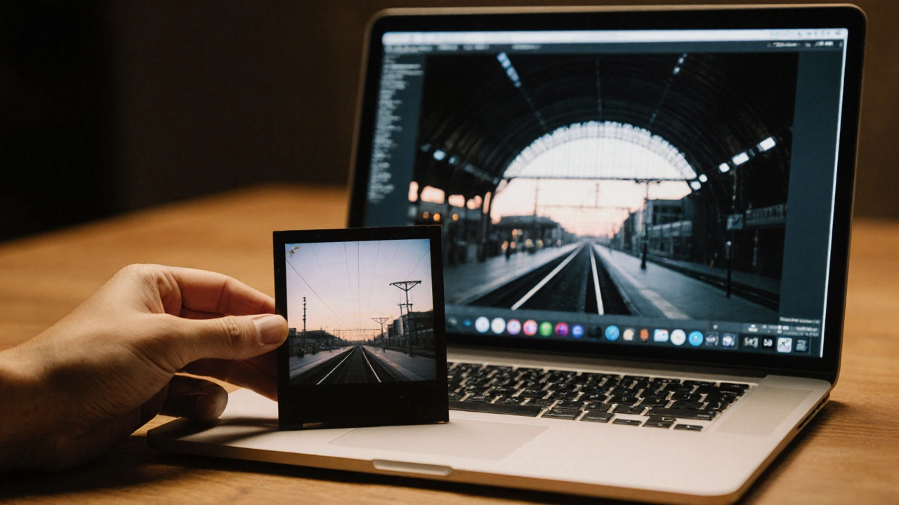 Ein echtes Filmfoto neben einem perfekten, aber leblosen KI-Bild auf einem Laptop – das echte Foto zeigt eine leere Bahnstation.