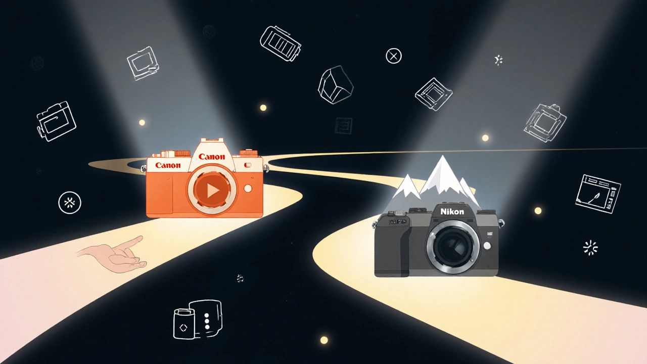 Ein Entscheidungsweg mit zwei Lichtpfaden: eine für Canon (Video, warme Farben) und eine für Nikon (Landschaft, Schärfe).