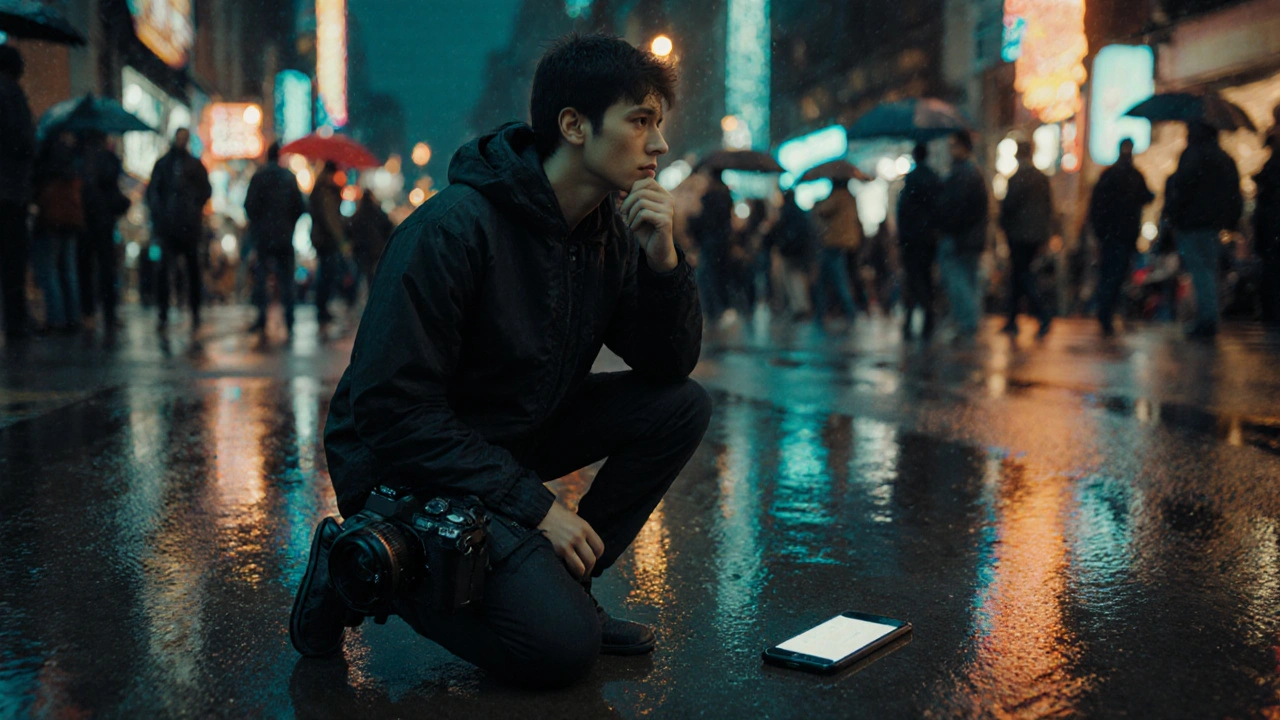 Ein Fotograf mit DSLR auf einer regennassen Straße, neben ihm ein Smartphone in einer Pfütze, reflektierend Lichter.